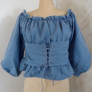 Women Ruffled Off-The-Shoulder Lace-Up Peplum Top Dusty Blue